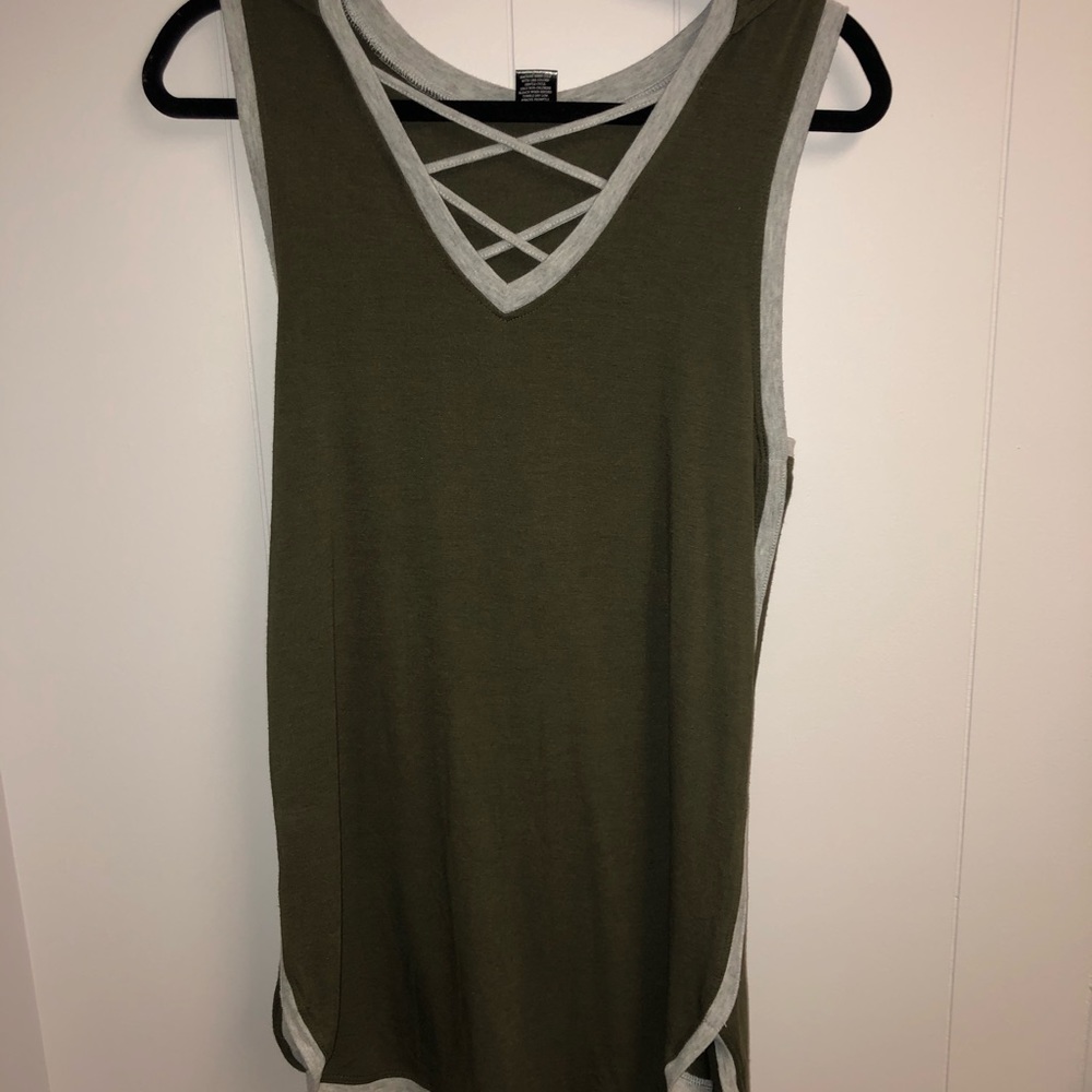 Olive and grey dress with a hood on the back